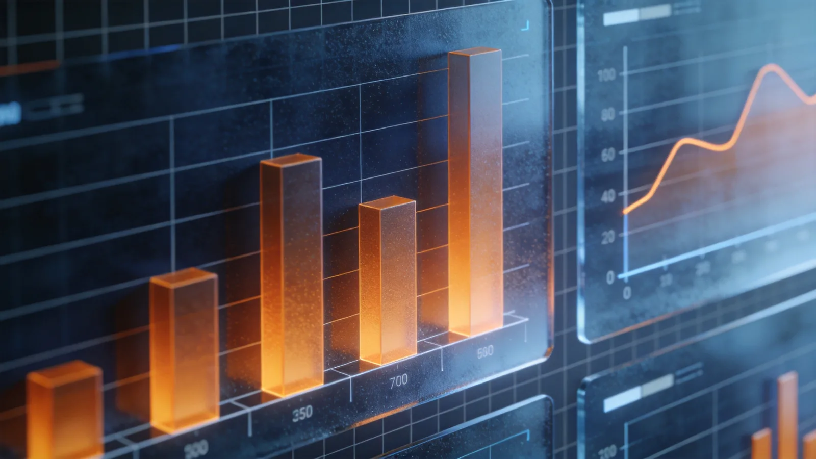 Abstract technical data visualization in slate and amber — conceptual illustration